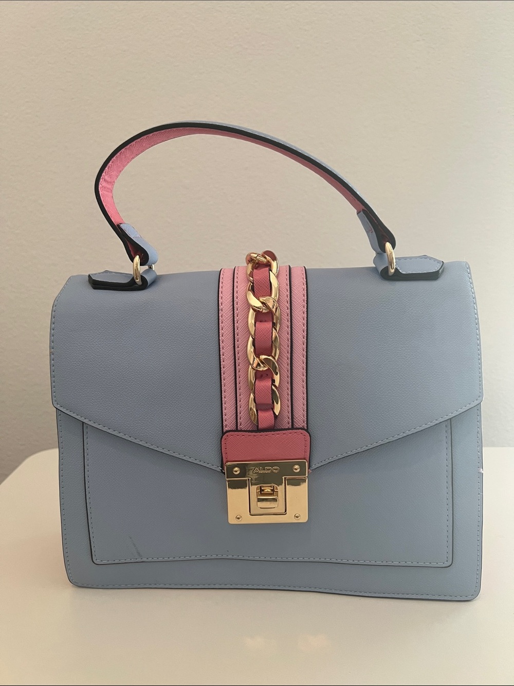 Aldo Light Blue Satchel with Pink Trim and Gold Chain Accent